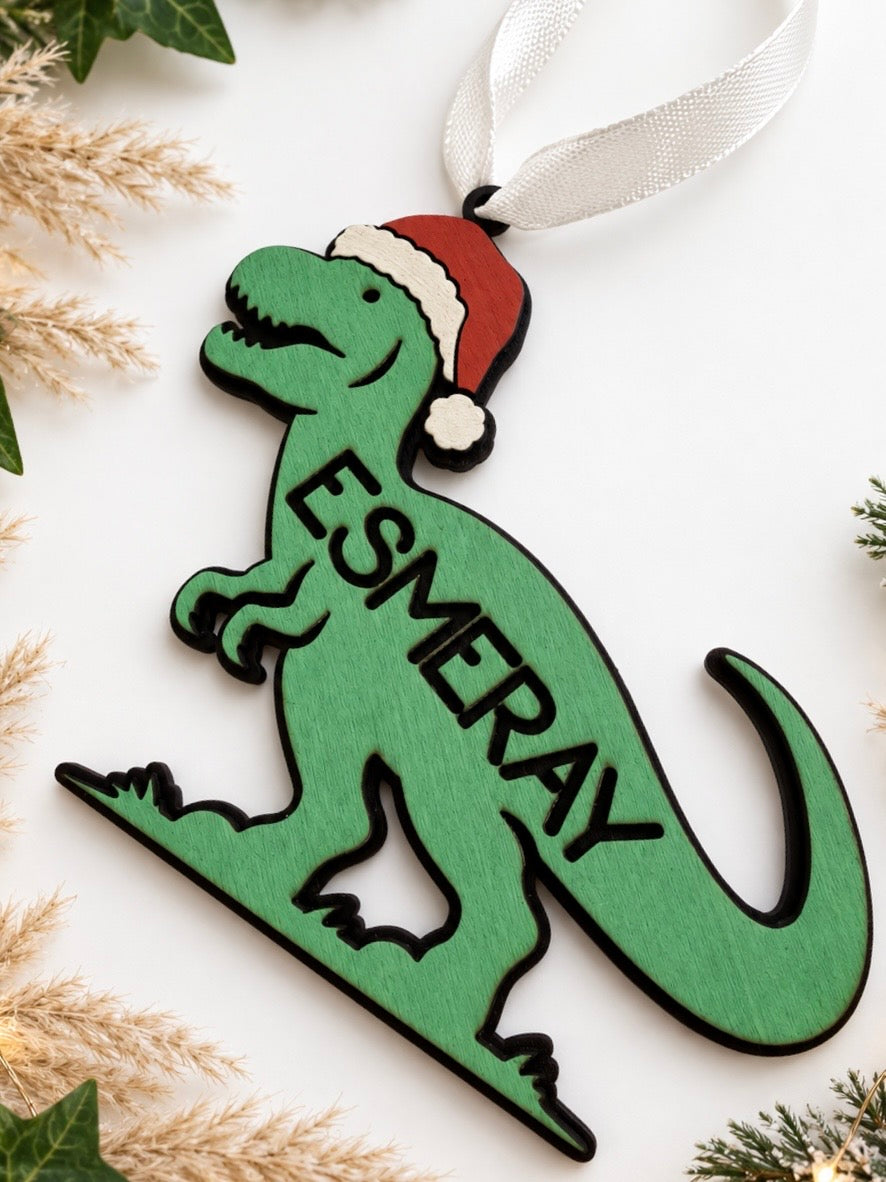Personalised Dinosaur Christmas Bauble | Dinosaur Name Christmas Tree Decoration | Hand Painted Wooden Christmas Ornament | Kids Christmas Gift