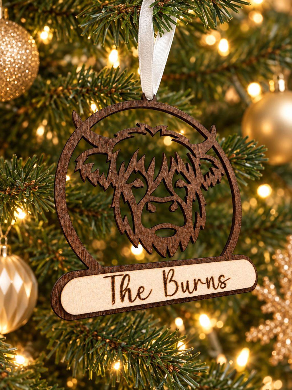 Personalised Highland Cow Christmas Bauble | 3D Wooden Christmas Tree Decoration | Laser Cut & Engraved Farmhouse Christmas Ornament