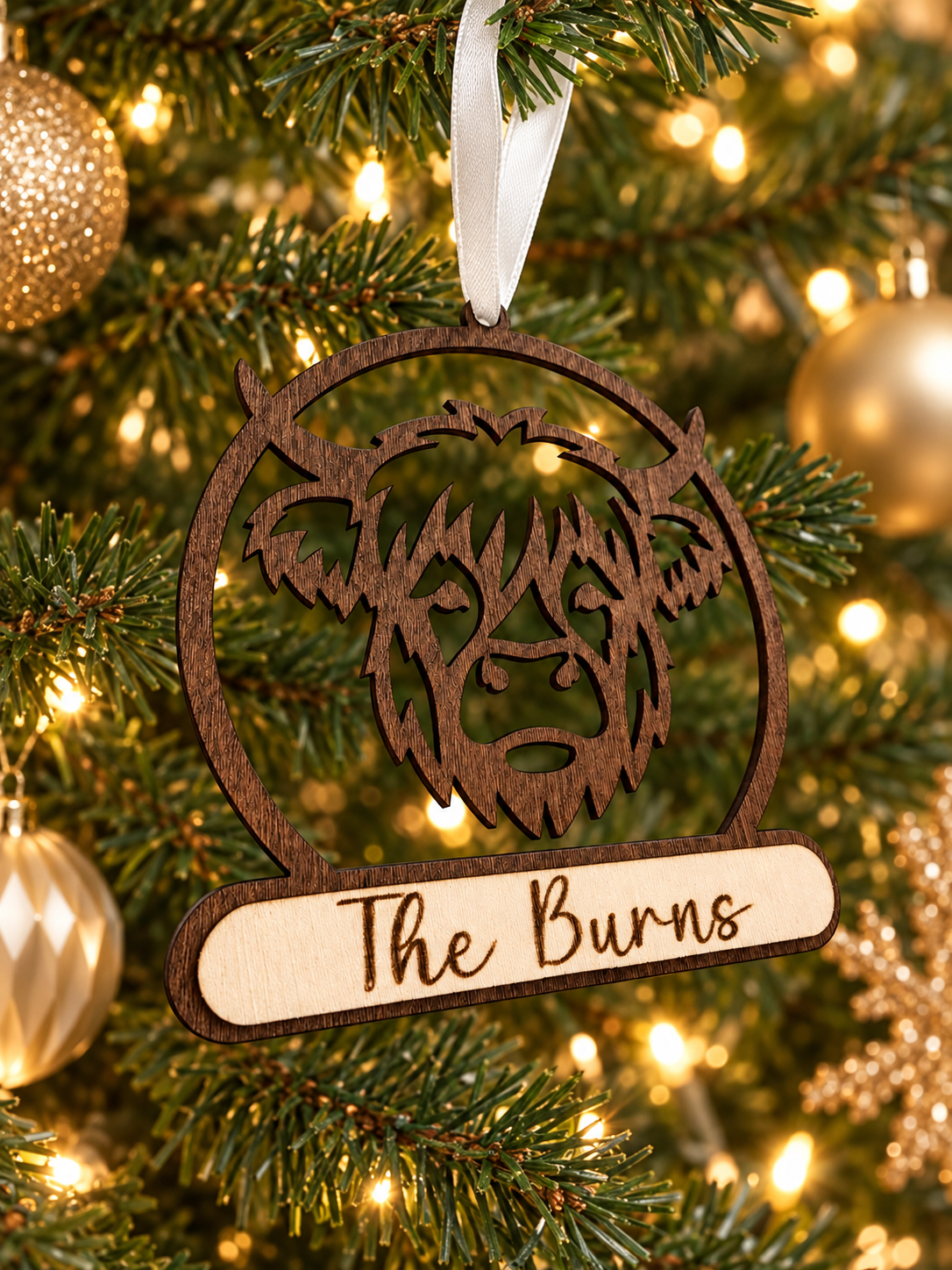 Personalised Highland Cow Christmas Bauble | 3D Wooden Christmas Tree Decoration | Laser Cut & Engraved Farmhouse Christmas Ornament