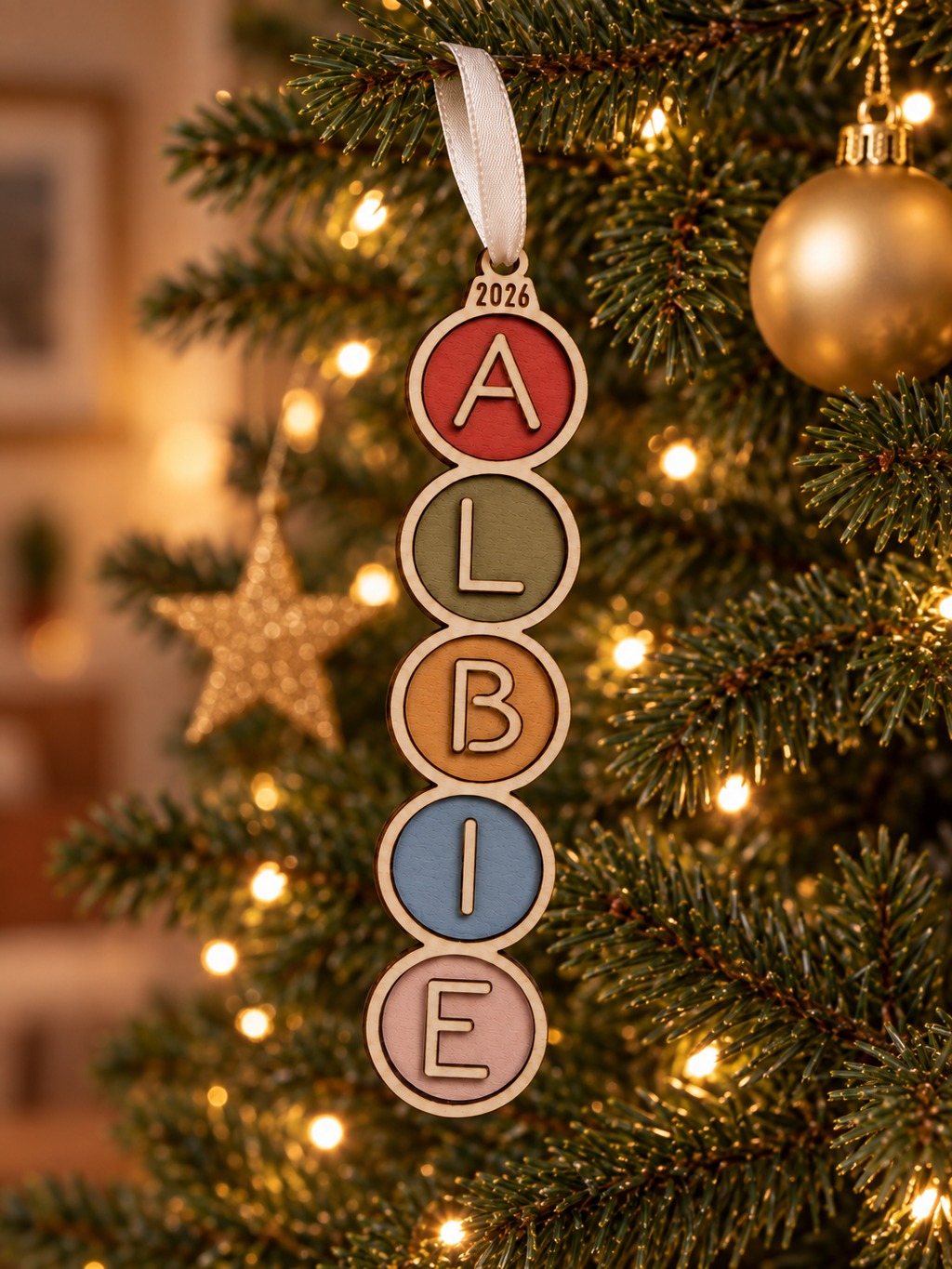Personalised Name Christmas Bauble | Colourful Wooden Christmas Tree Decoration | Hand Painted Christmas Ornament | Kids Christmas Gift