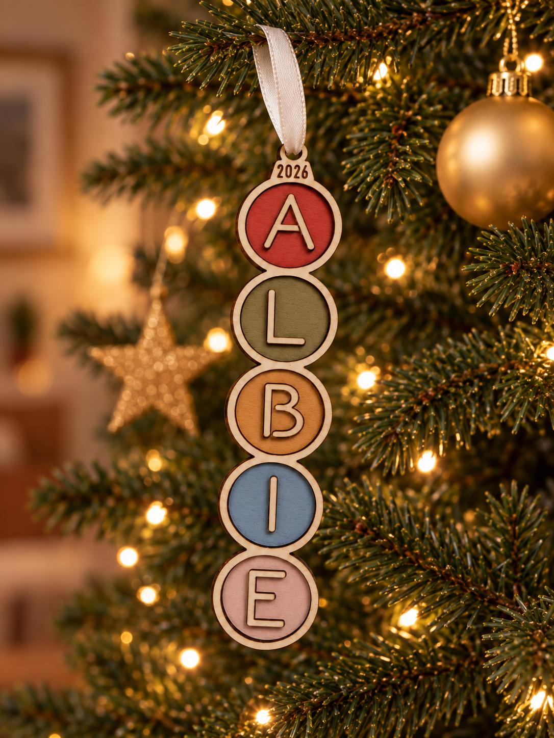 Personalised Name Christmas Bauble | Colourful Wooden Christmas Tree Decoration | Hand Painted Christmas Ornament | Kids Christmas Gift