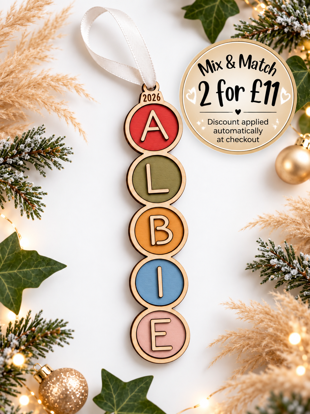 Personalised Name Christmas Bauble | Colourful Wooden Christmas Tree Decoration | Hand Painted Christmas Ornament | Kids Christmas Gift