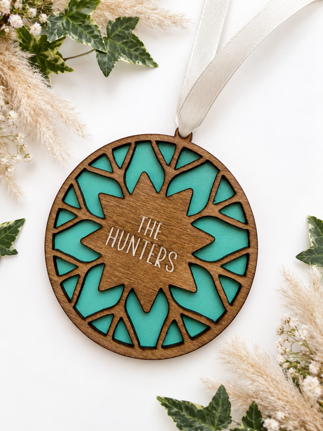 Personalised Wooden Snowflake Christmas Bauble | Hand Painted Laser Engraved Christmas Tree Decoration | Family Name Keepsake