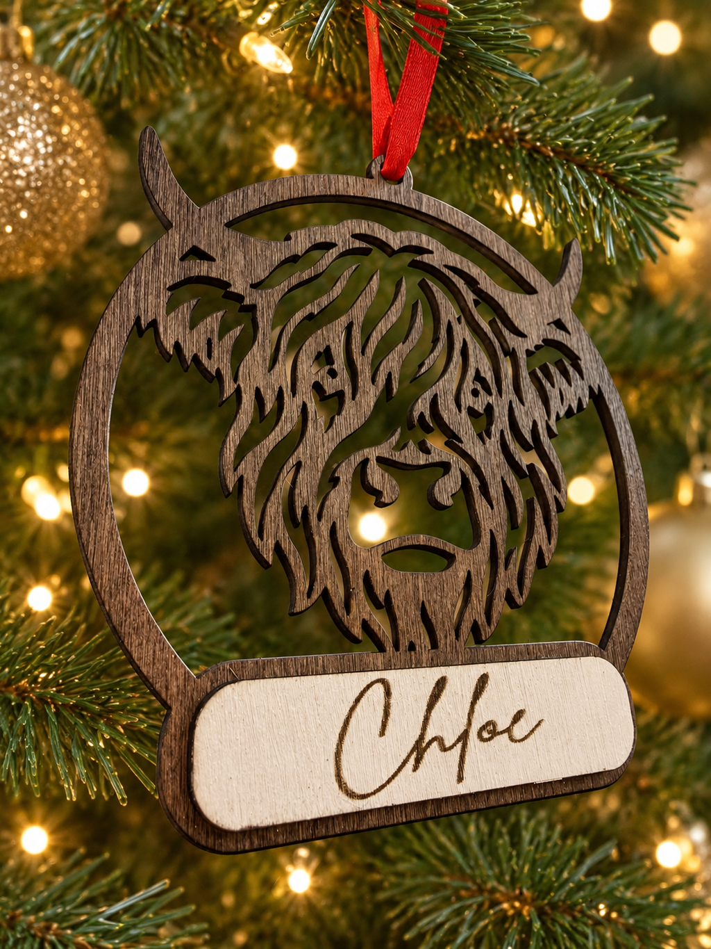 Personalised Highland Cow Christmas Bauble | 3D Wooden Christmas Tree Decoration | Laser Cut & Engraved Farmhouse Christmas Ornament