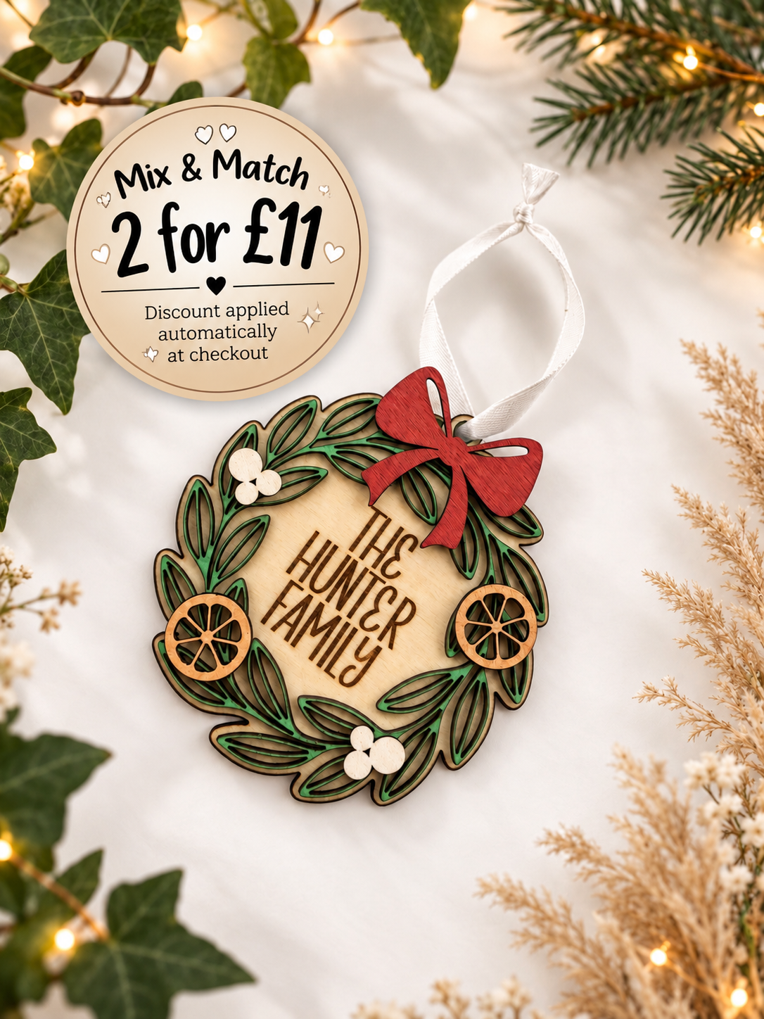 Personalised 3D Christmas Wreath Bauble | Family Name Christmas Tree Decoration | Laser Cut & Engraved Wooden Christmas Ornament
