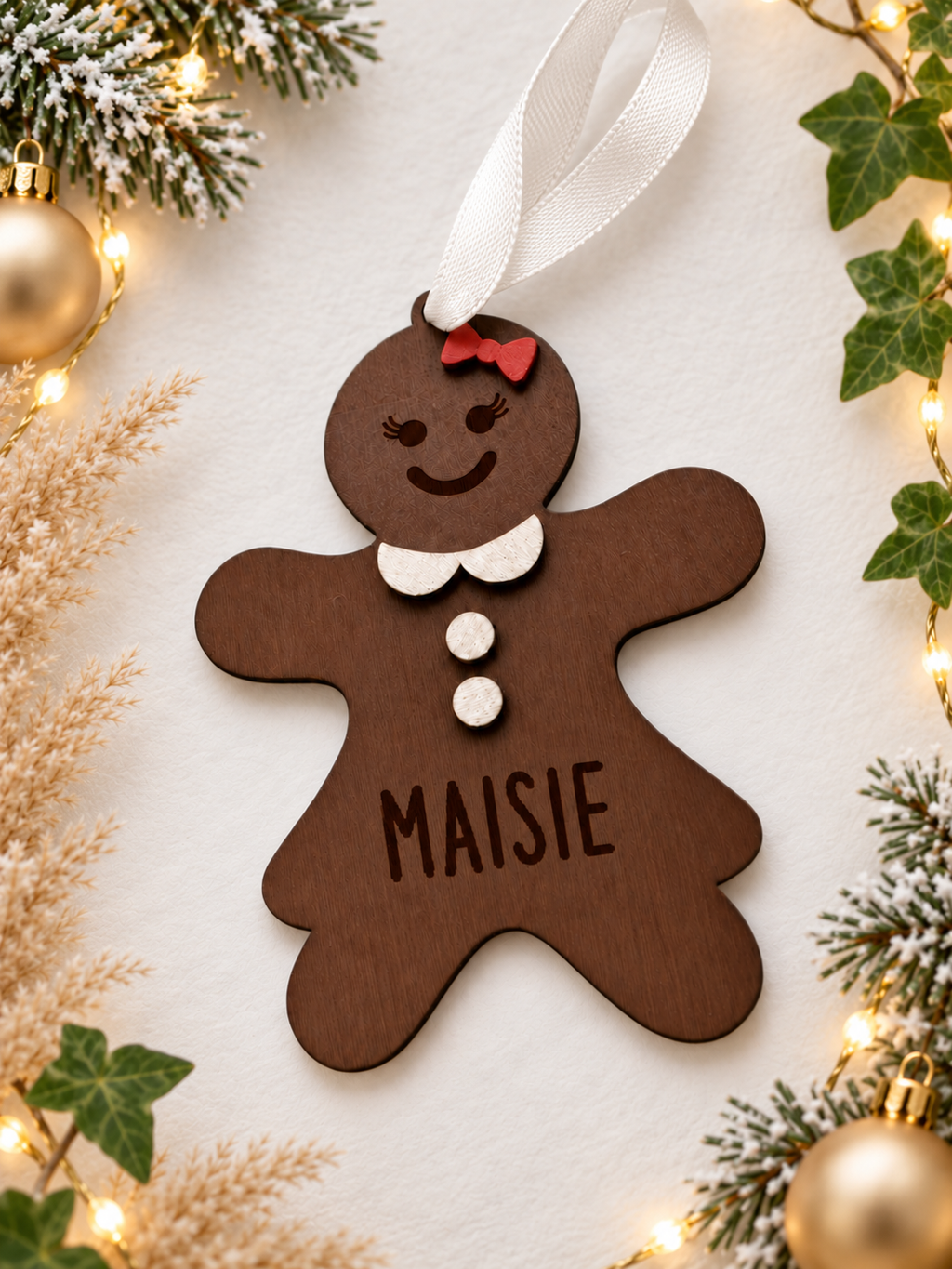 Personalised Gingerbread Woman Christmas Bauble – Hand Painted 3D Christmas Tree Decoration