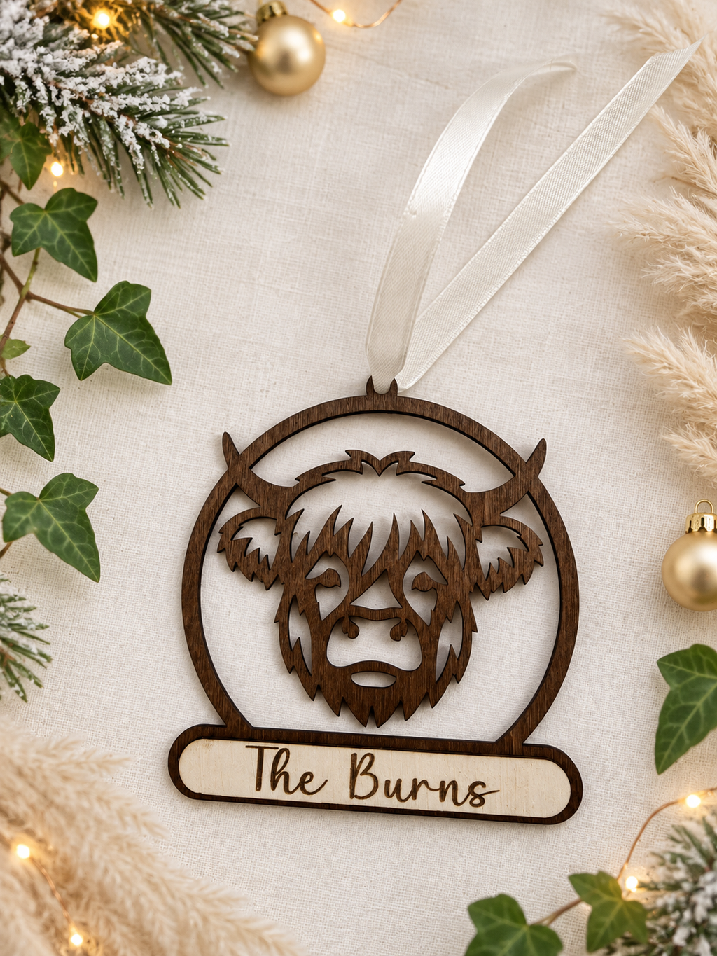 Personalised Highland Cow Christmas Bauble | 3D Wooden Christmas Tree Decoration | Laser Cut & Engraved Farmhouse Christmas Ornament