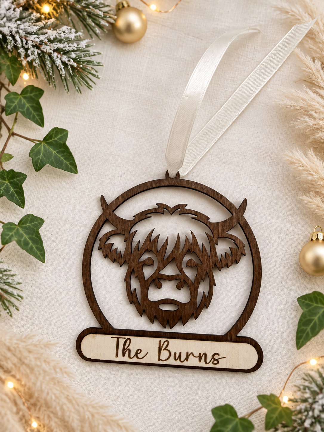 Personalised Highland Cow Christmas Bauble | 3D Wooden Christmas Tree Decoration | Laser Cut & Engraved Farmhouse Christmas Ornament