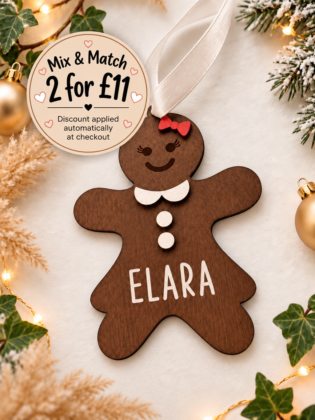 Personalised Gingerbread Woman Christmas Bauble – Hand Painted 3D Christmas Tree Decoration