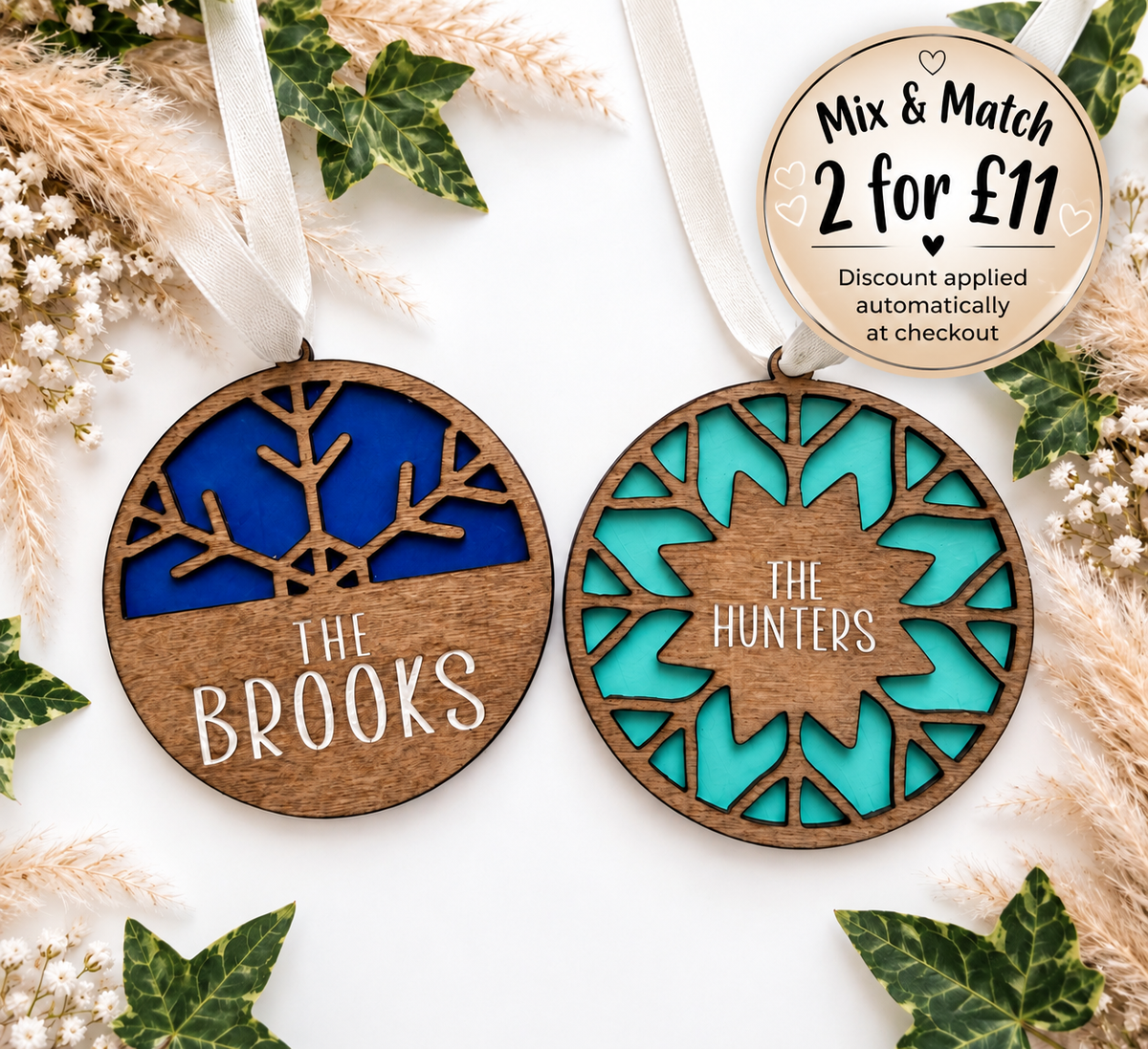 Personalised Wooden Snowflake Christmas Bauble | Hand Painted Laser Engraved Christmas Tree Decoration | Family Name Keepsake