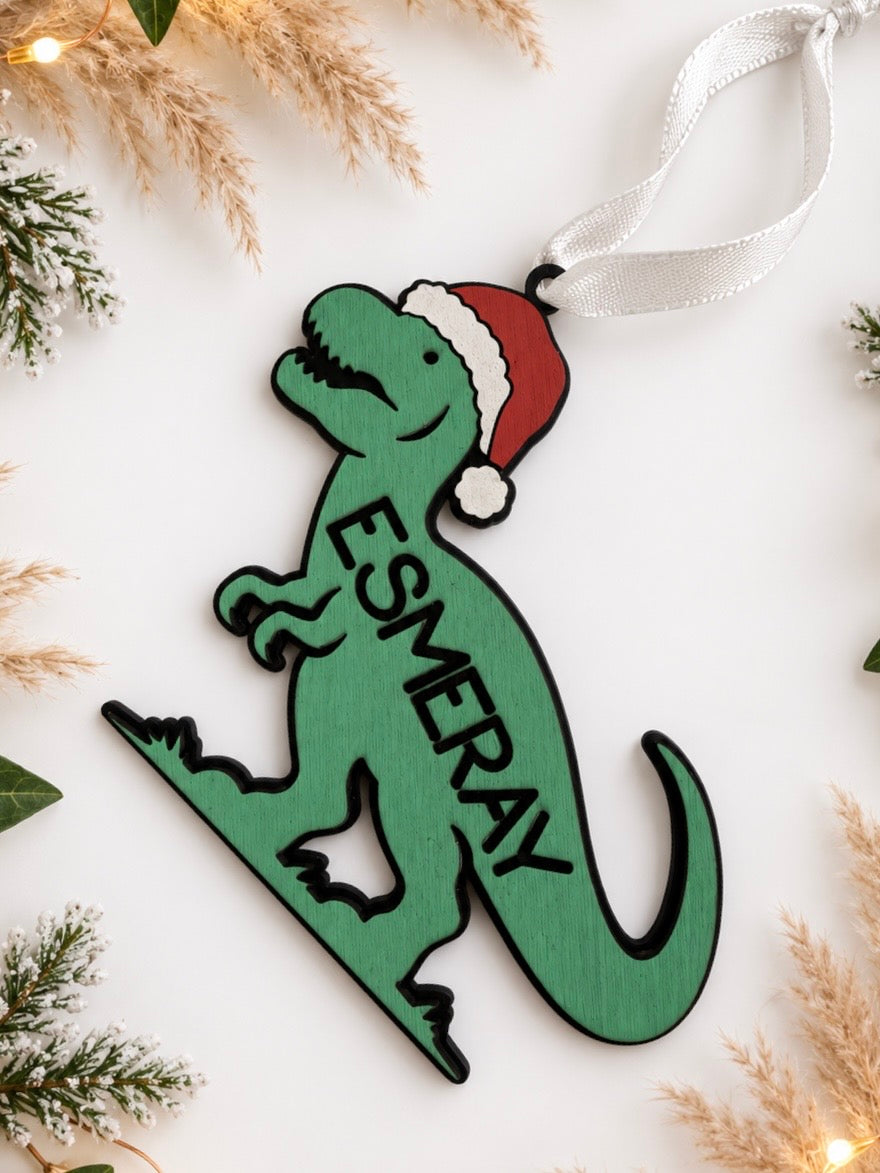 Personalised Dinosaur Christmas Bauble | Dinosaur Name Christmas Tree Decoration | Hand Painted Wooden Christmas Ornament | Kids Christmas Gift