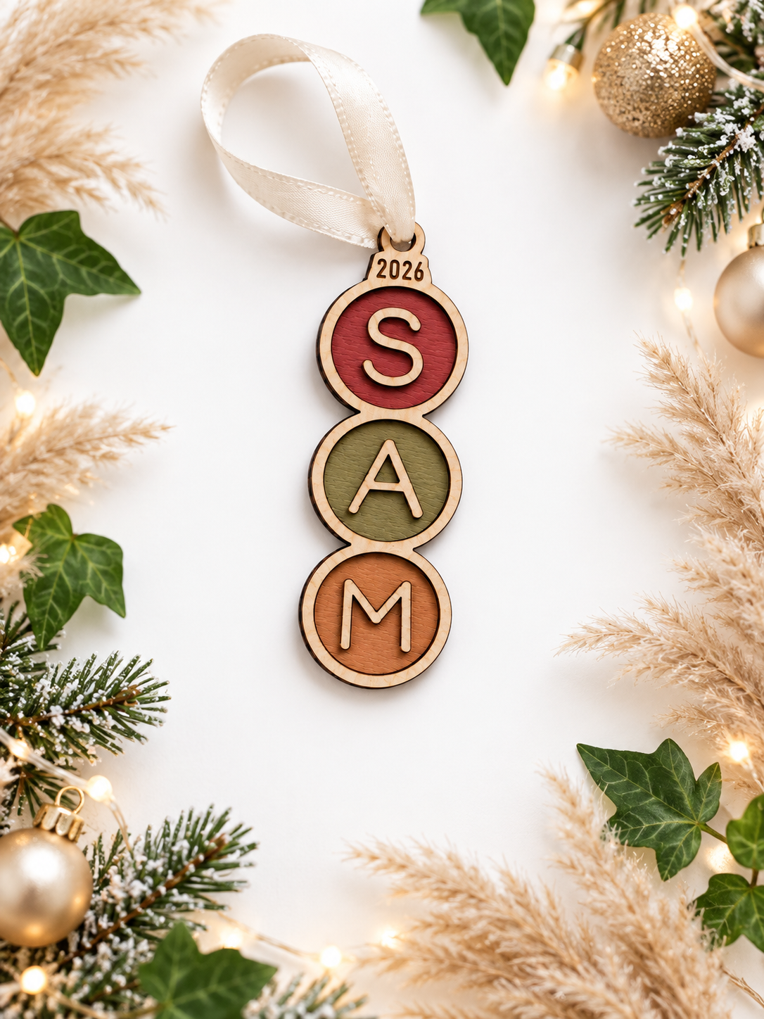 Personalised Name Christmas Bauble | Colourful Wooden Christmas Tree Decoration | Hand Painted Christmas Ornament | Kids Christmas Gift