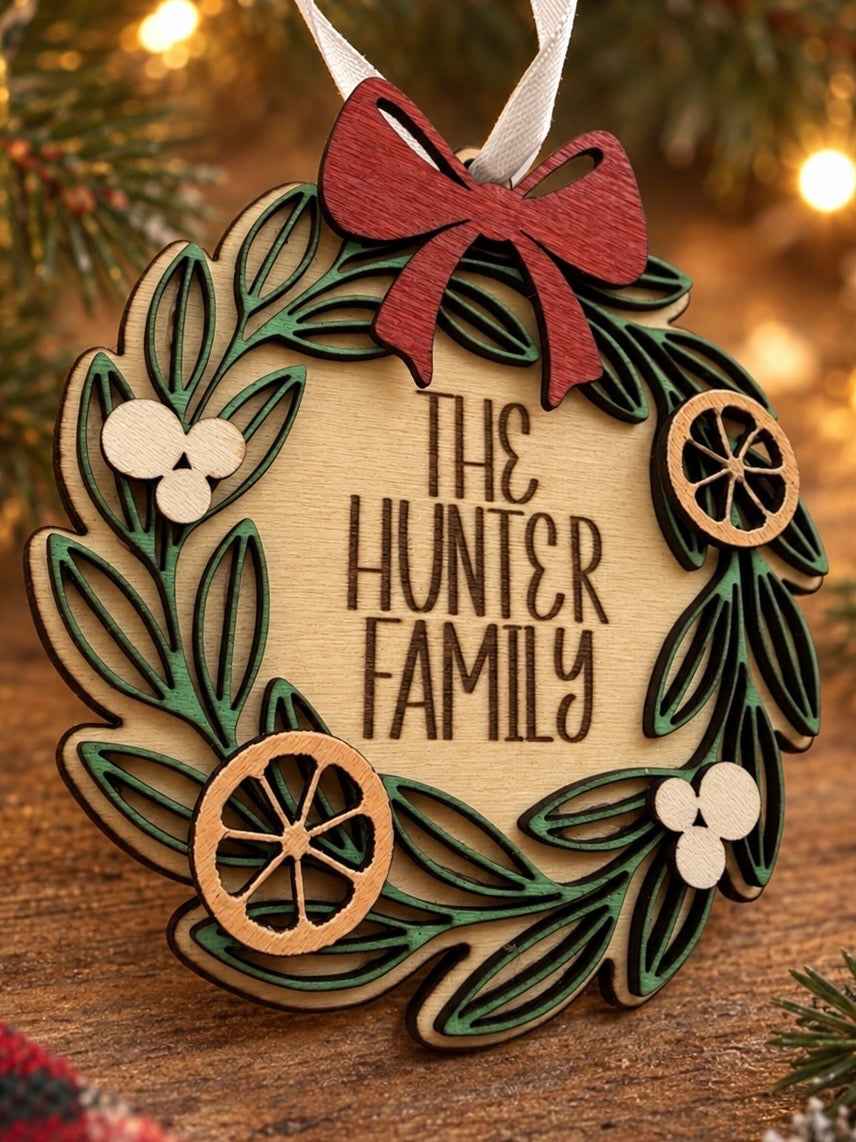 Personalised 3D Christmas Wreath Bauble | Family Name Christmas Tree Decoration | Laser Cut & Engraved Wooden Christmas Ornament