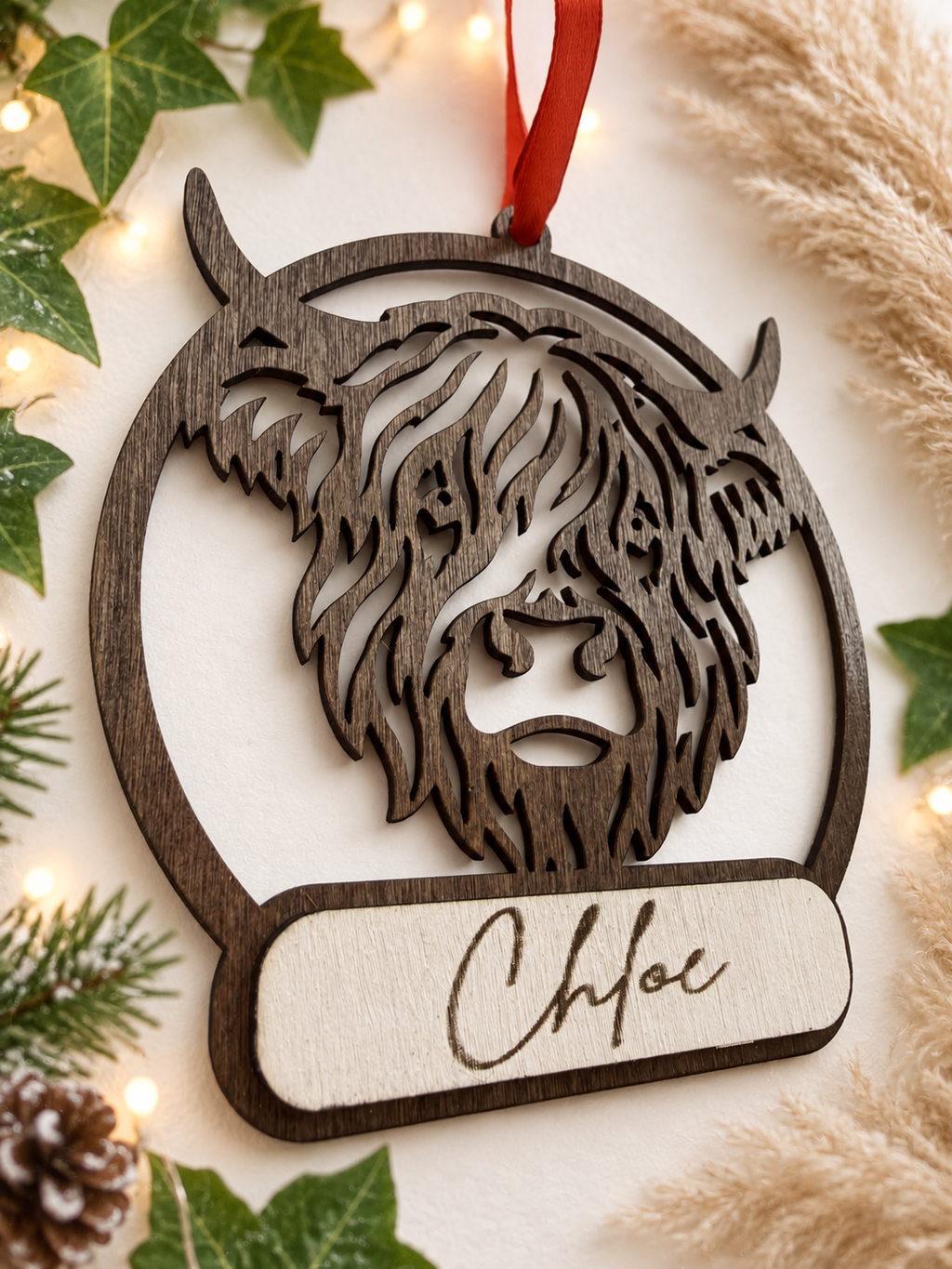 Personalised Highland Cow Christmas Bauble | 3D Wooden Christmas Tree Decoration | Laser Cut & Engraved Farmhouse Christmas Ornament