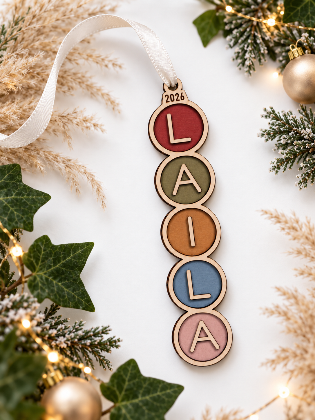 Personalised Name Christmas Bauble | Colourful Wooden Christmas Tree Decoration | Hand Painted Christmas Ornament | Kids Christmas Gift