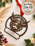 Personalised Highland Cow Christmas Bauble | 3D Wooden Christmas Tree Decoration | Laser Cut & Engraved Farmhouse Christmas Ornament