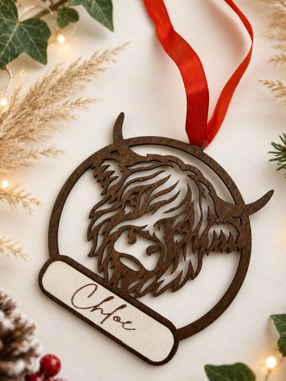 Personalised Highland Cow Christmas Bauble | 3D Wooden Christmas Tree Decoration | Laser Cut & Engraved Farmhouse Christmas Ornament