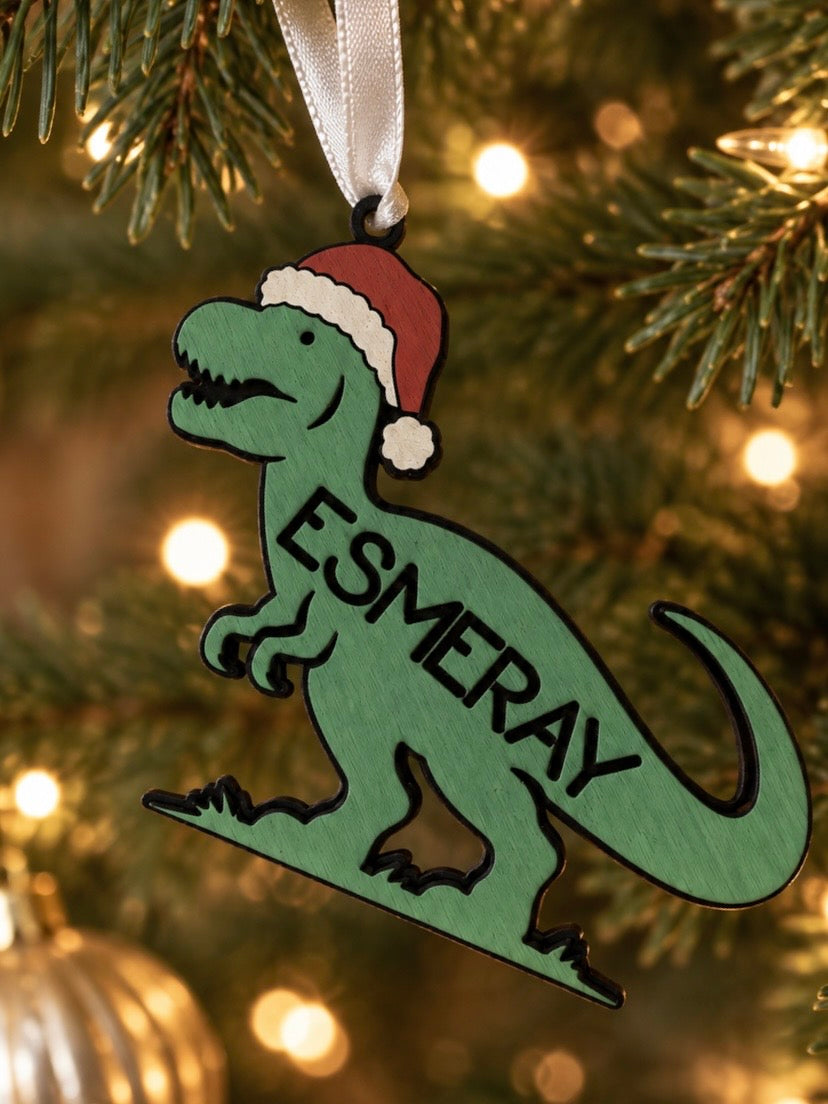 Personalised Dinosaur Christmas Bauble | Dinosaur Name Christmas Tree Decoration | Hand Painted Wooden Christmas Ornament | Kids Christmas Gift