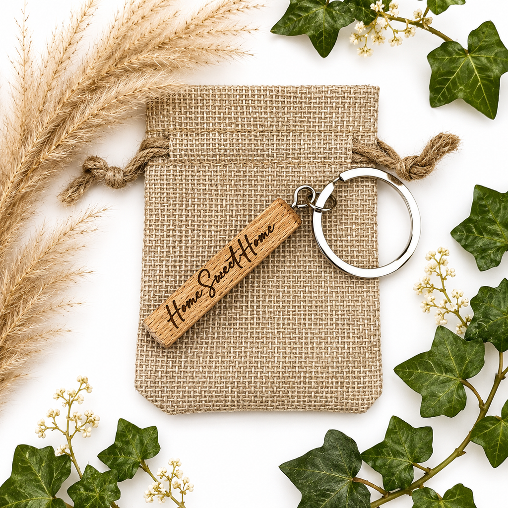 Personalised First Home Wooden Keychain (4 Engraved Sides)