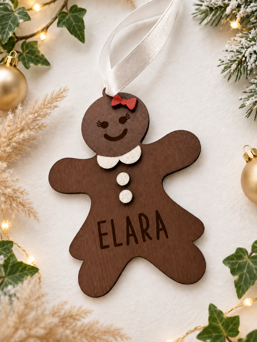 Personalised Gingerbread Woman Christmas Bauble – Hand Painted 3D Christmas Tree Decoration