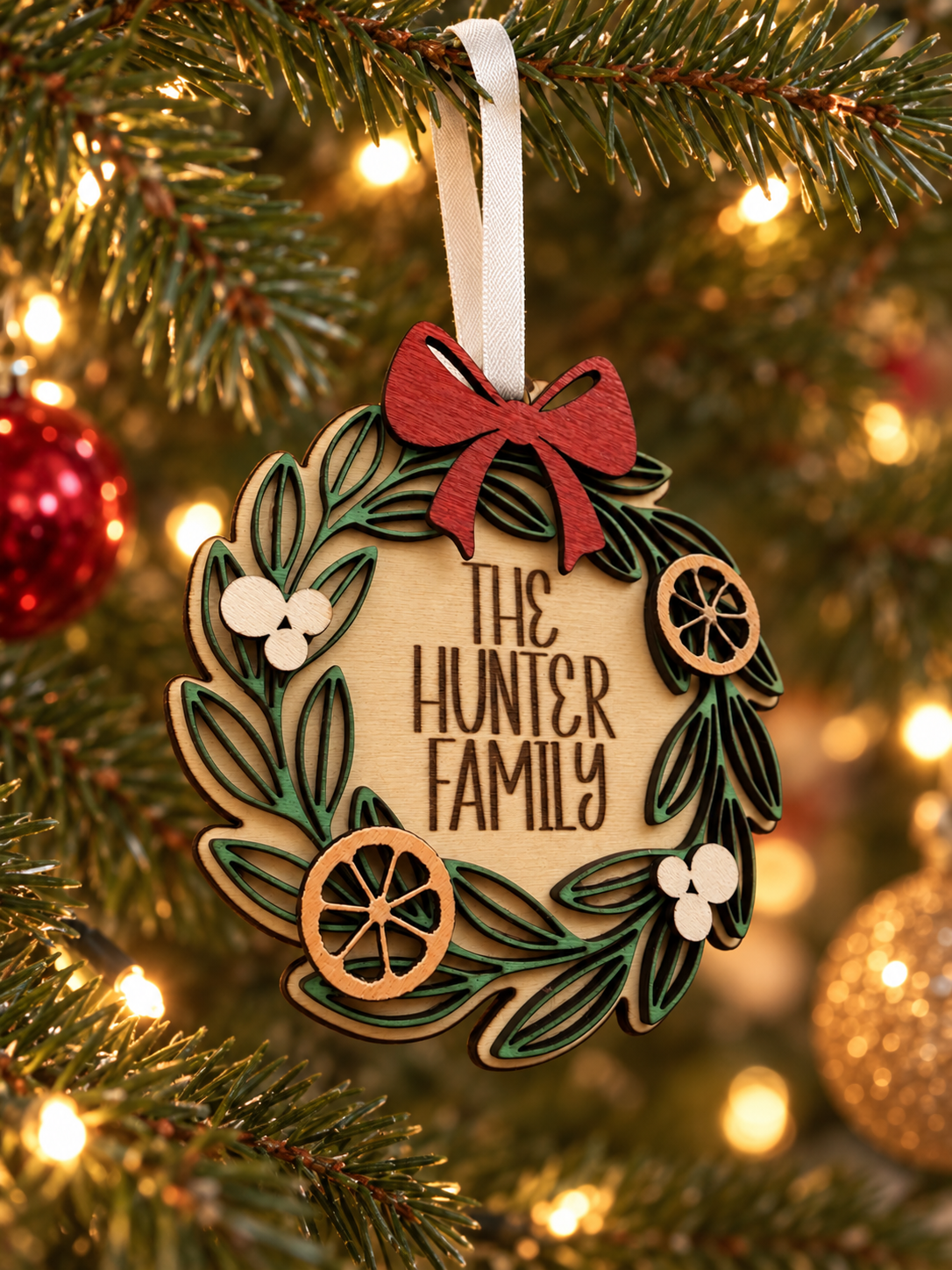 Personalised 3D Christmas Wreath Bauble | Family Name Christmas Tree Decoration | Laser Cut & Engraved Wooden Christmas Ornament