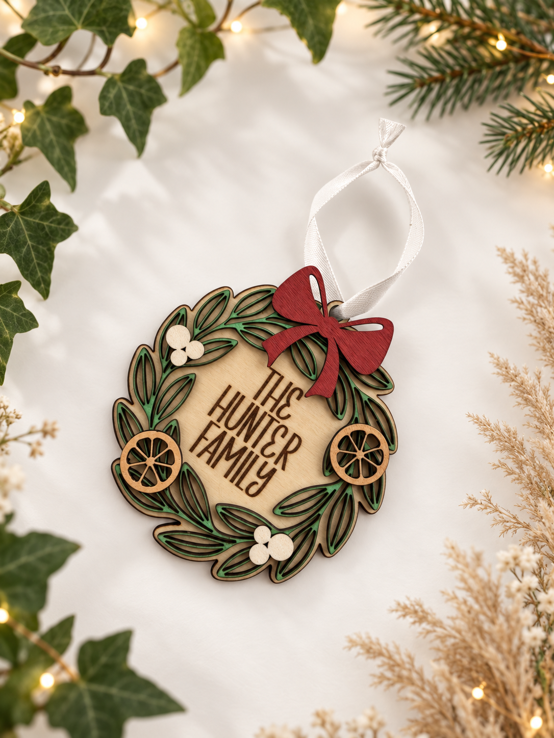Personalised 3D Christmas Wreath Bauble | Family Name Christmas Tree Decoration | Laser Cut & Engraved Wooden Christmas Ornament