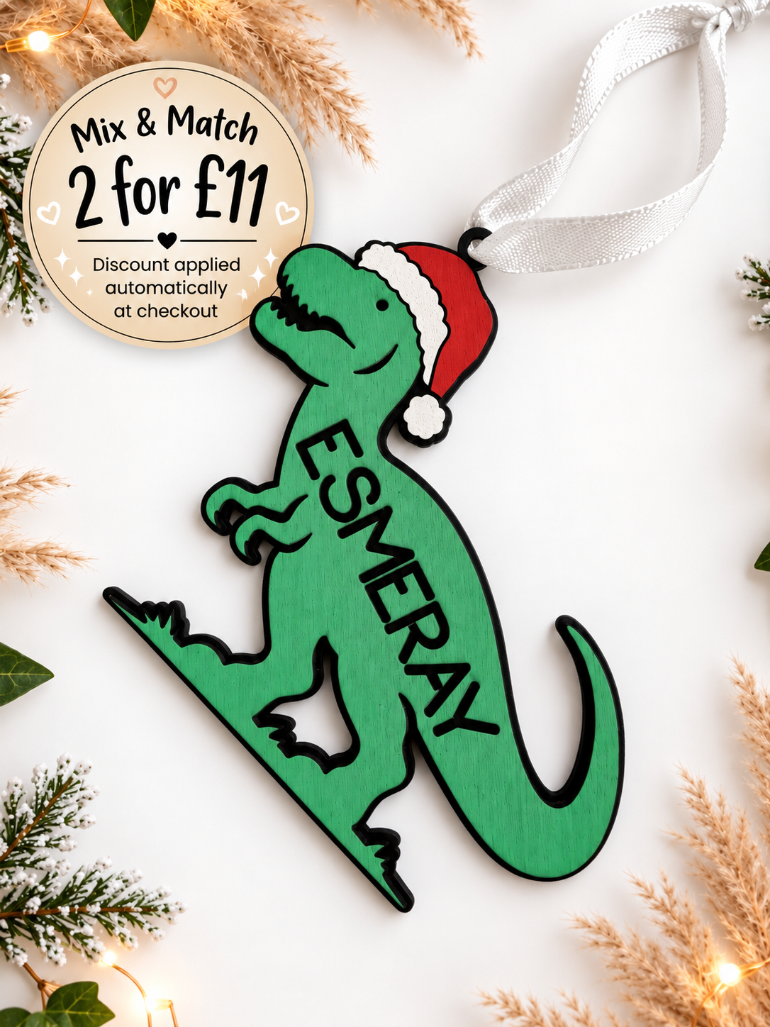 Personalised Dinosaur Christmas Bauble | Dinosaur Name Christmas Tree Decoration | Hand Painted Wooden Christmas Ornament | Kids Christmas Gift