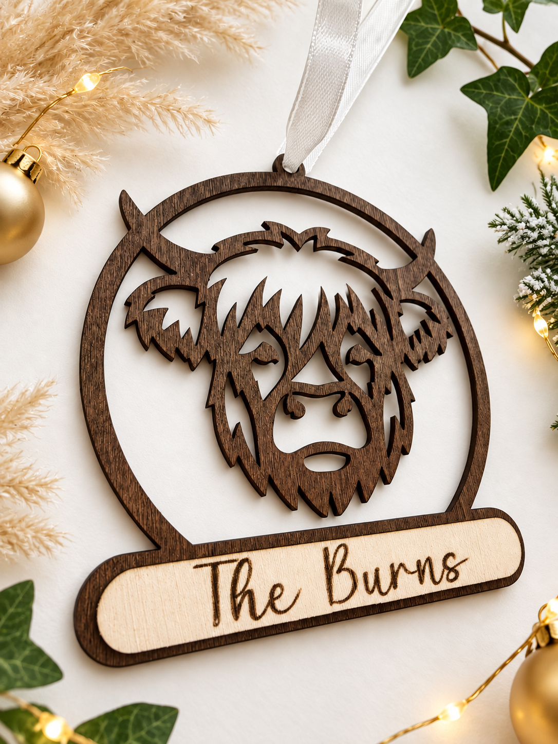 Personalised Highland Cow Christmas Bauble | 3D Wooden Christmas Tree Decoration | Laser Cut & Engraved Farmhouse Christmas Ornament
