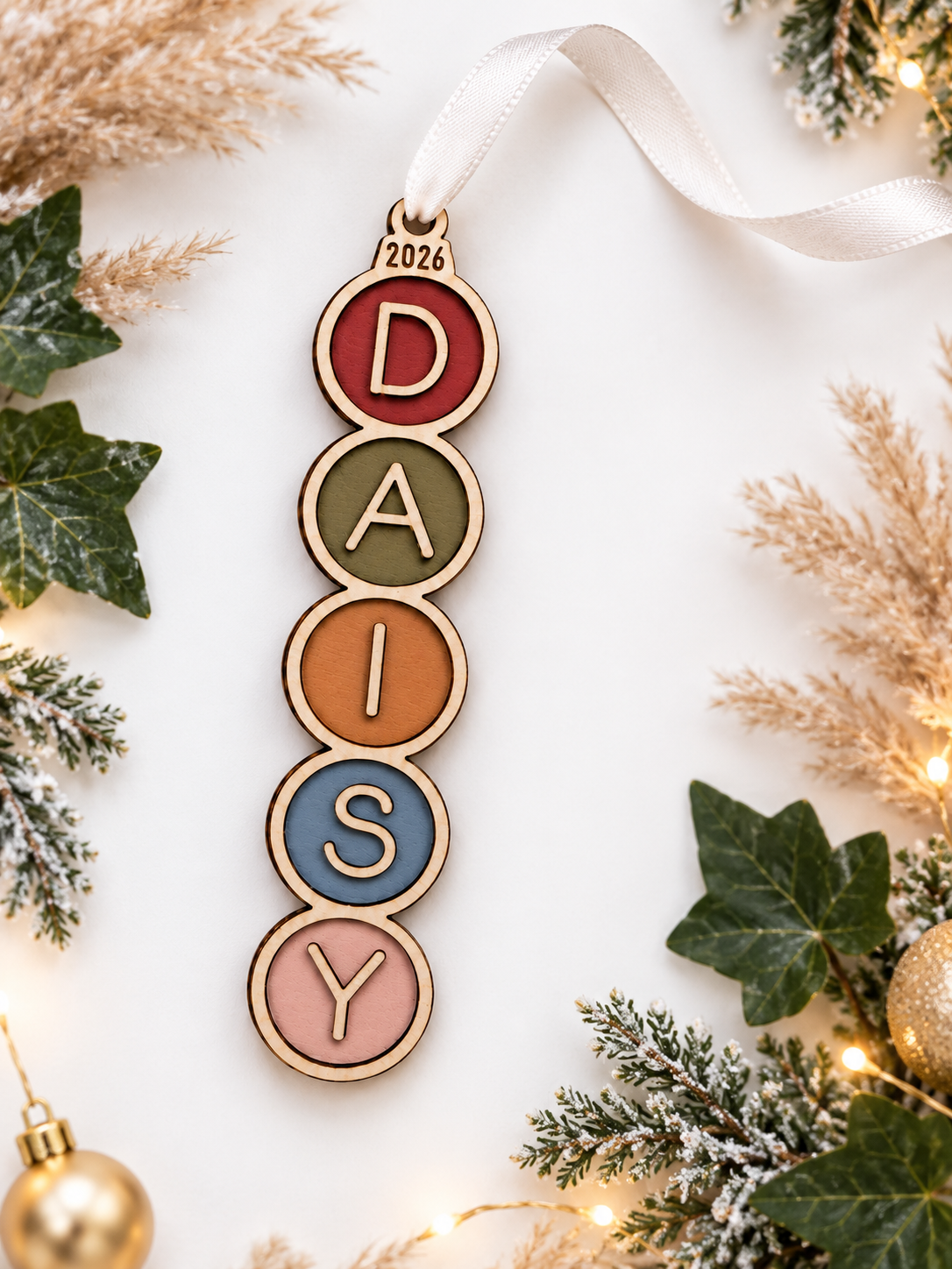 Personalised Name Christmas Bauble | Colourful Wooden Christmas Tree Decoration | Hand Painted Christmas Ornament | Kids Christmas Gift