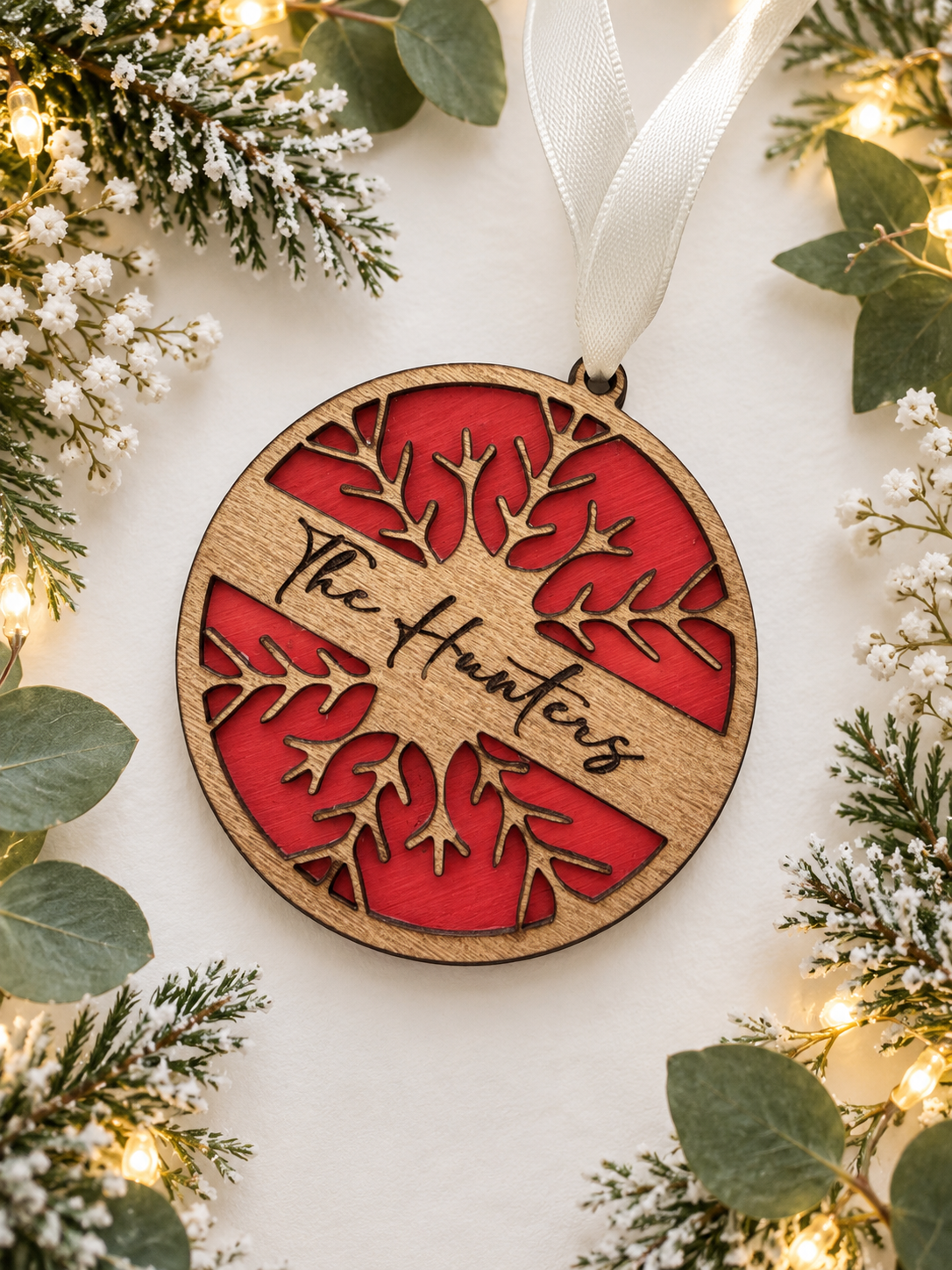 Personalised Wooden Snowflake Christmas Bauble | Hand Painted Laser Engraved Christmas Tree Decoration | Family Name Keepsake