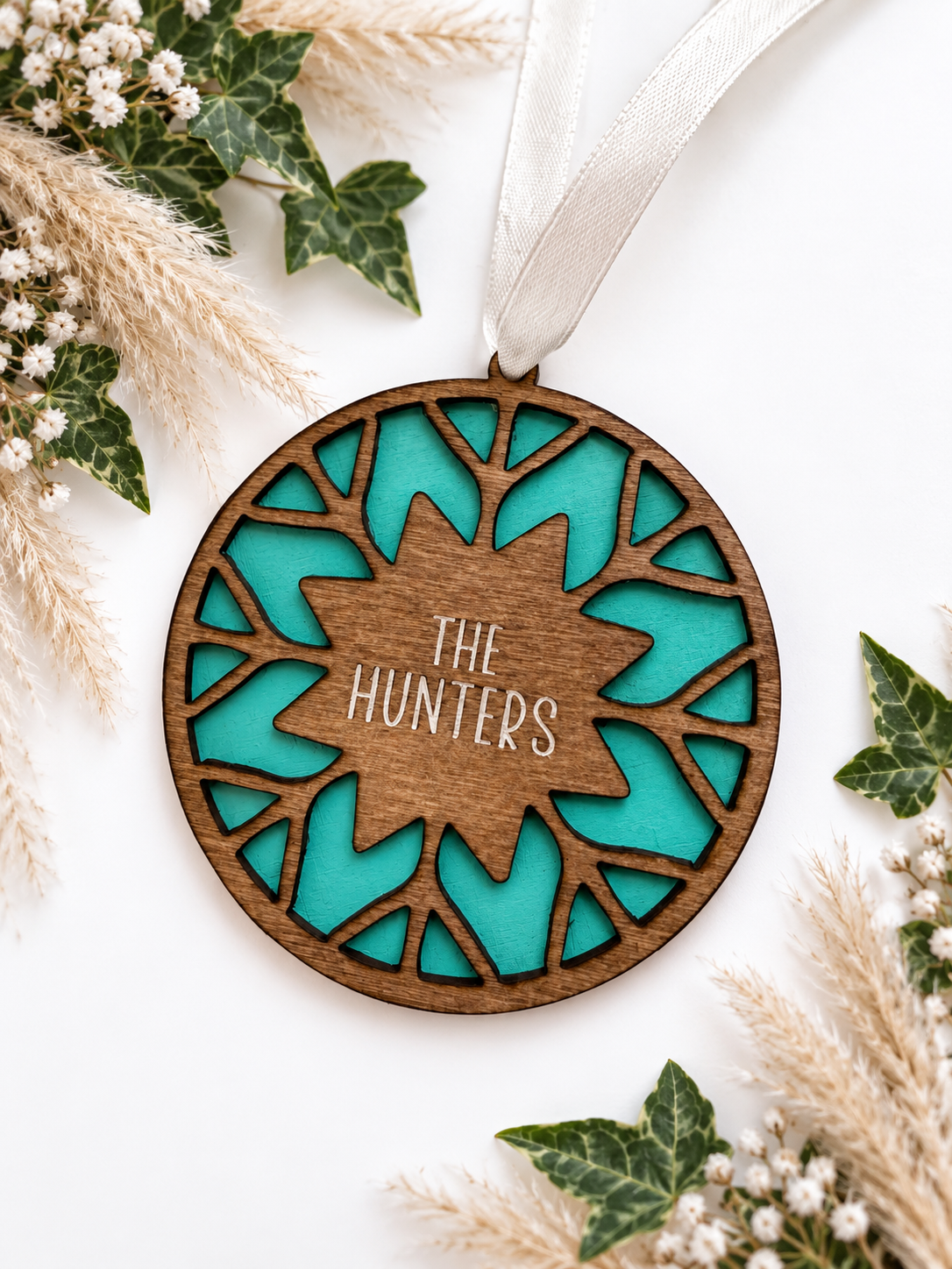Personalised Wooden Snowflake Christmas Bauble | Hand Painted Laser Engraved Christmas Tree Decoration | Family Name Keepsake