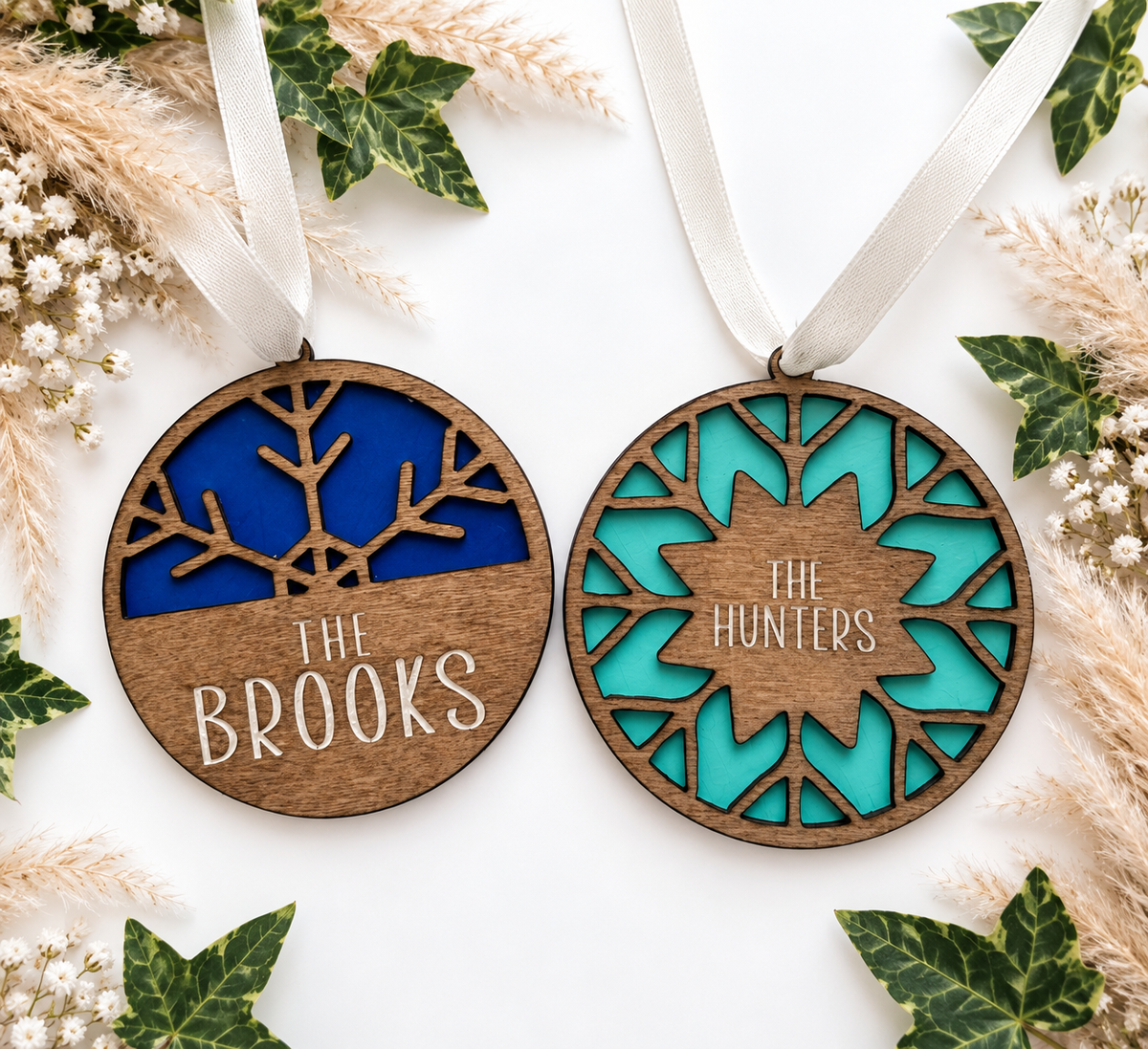 Personalised Wooden Snowflake Christmas Bauble | Hand Painted Laser Engraved Christmas Tree Decoration | Family Name Keepsake