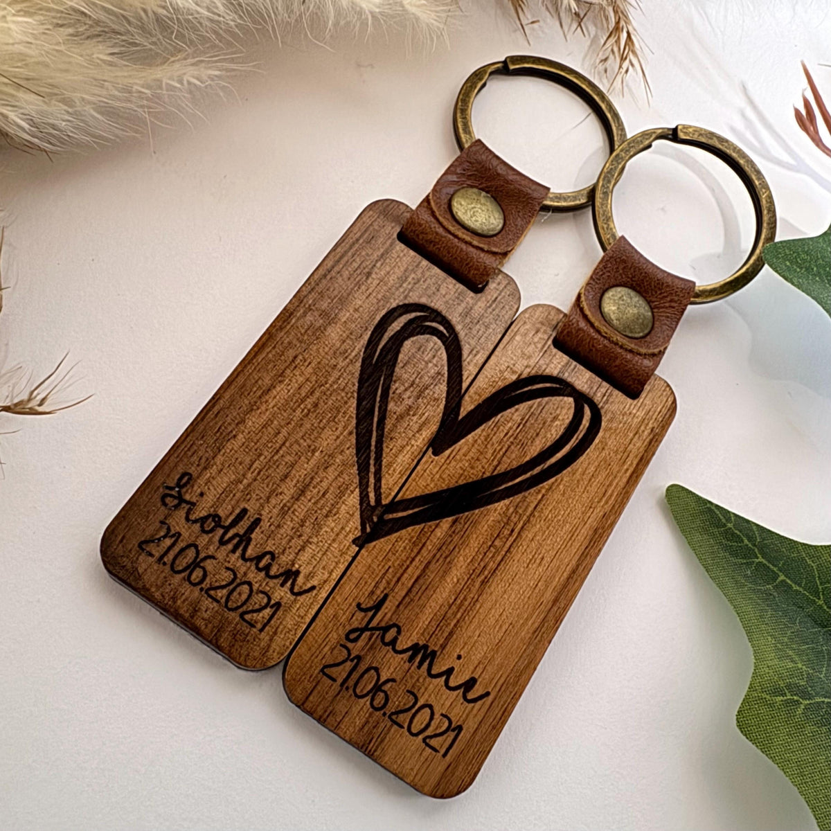 Personalised Walnut Wood Couples Keychains | Split Heart Keychains | Custom Names & Date | Anniversary Gift | Wedding Gift | Valentine’s Day