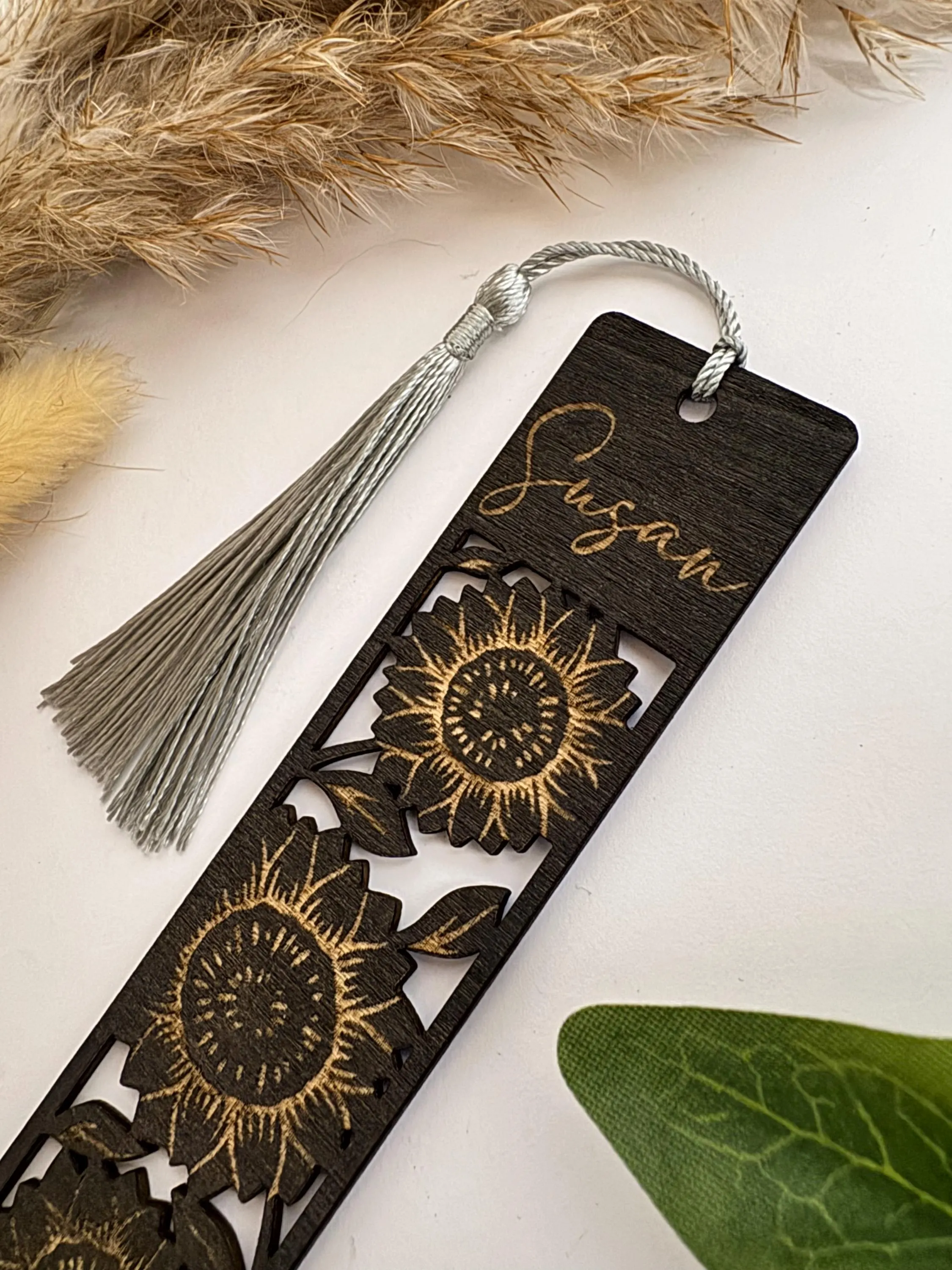Personalised Floral Wooden Bookmark - Black