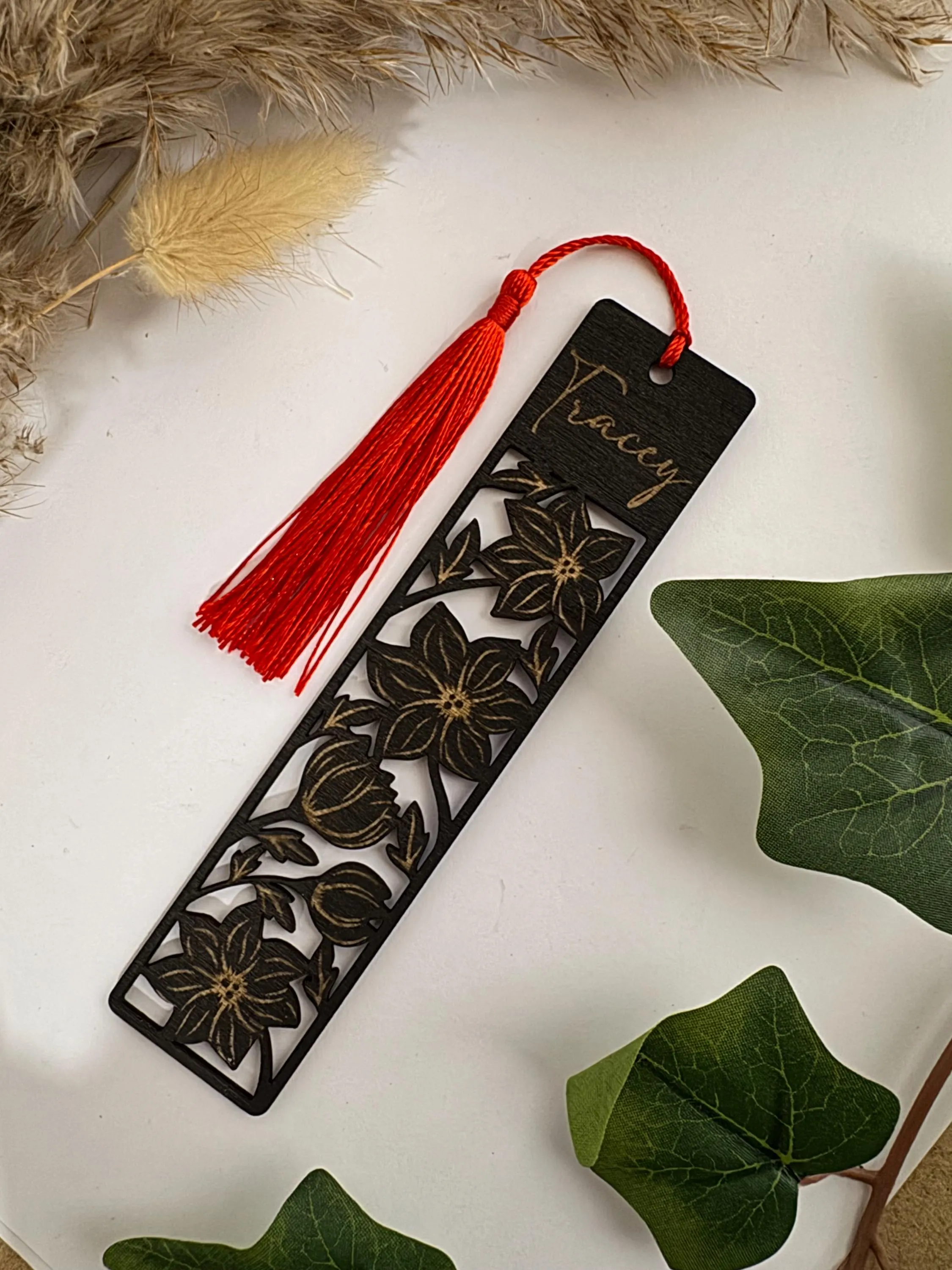 Personalised Floral Wooden Bookmark - Black