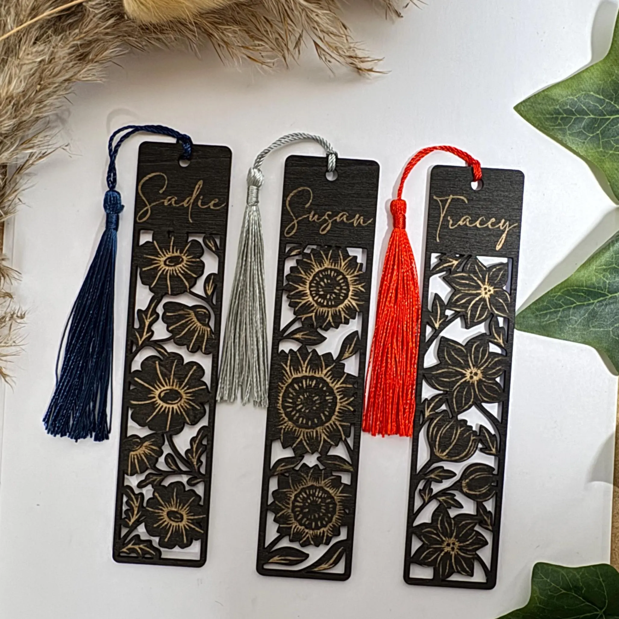 Personalised Floral Wooden Bookmark - Black