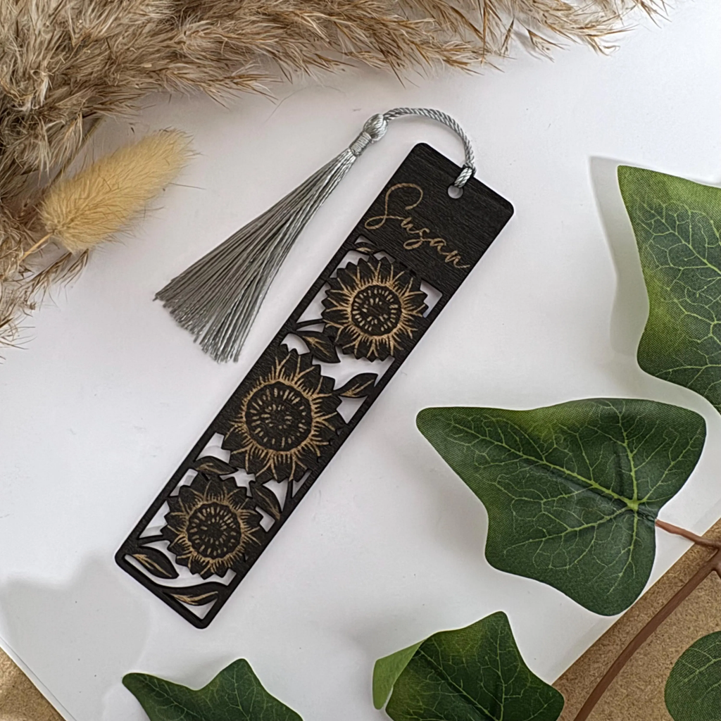 Personalised Floral Wooden Bookmark - Black