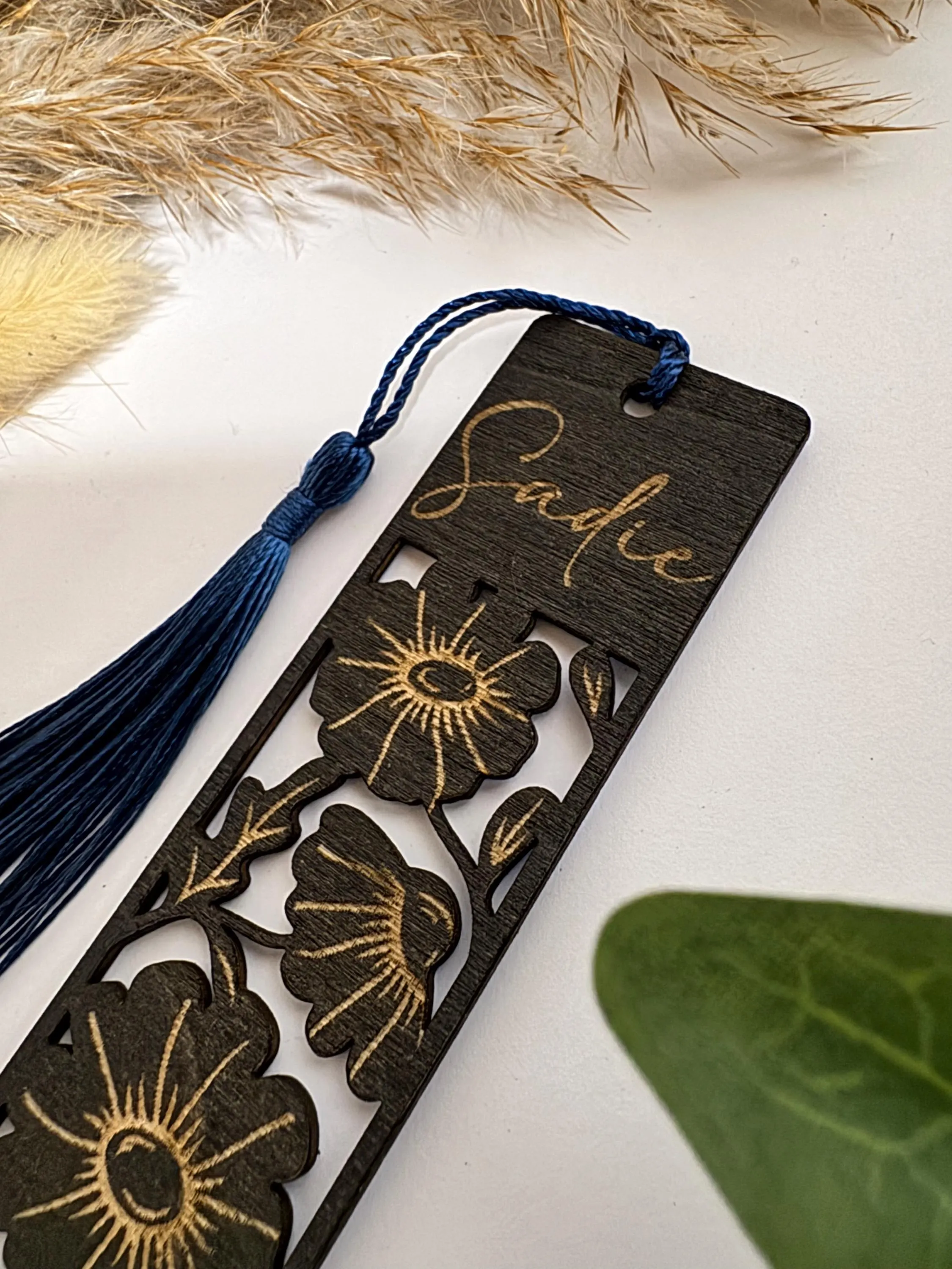 Personalised Floral Wooden Bookmark - Black