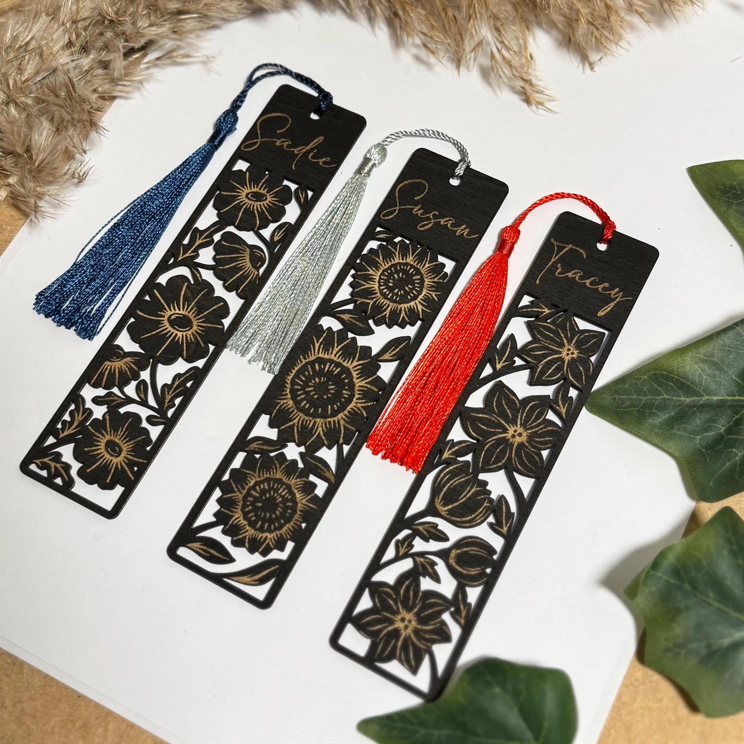 Personalised Floral Wooden Bookmark - Black
